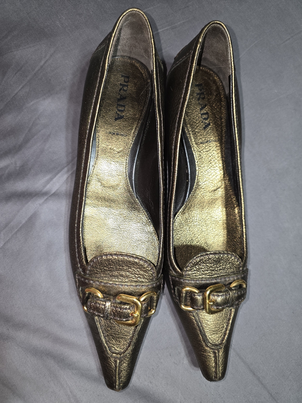 Prada Metallic Gold Pointed Toe Kitten Block Heel With Buckle Accent Size 38 - Picture 9 of 9